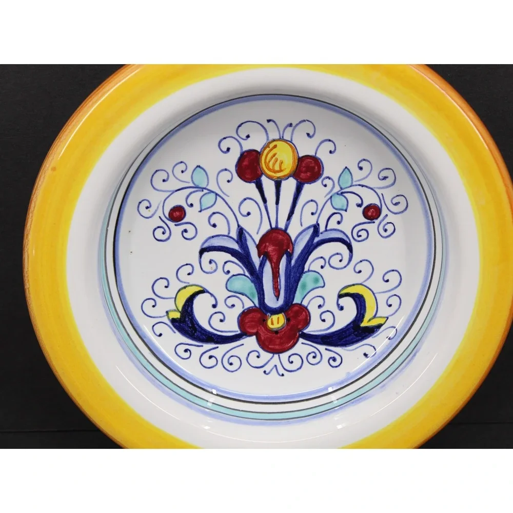 Deruta Italy Hand Painted Majolica Pottery Shallow Bowl Floral Yellow 6.5 Inch